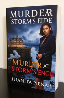 A captivating book cover for a modern murder mystery titled 'Murder at Storm's Edge' by Juanita Pienaar