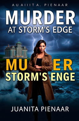 A captivating book cover for a modern murder mystery titled 'Murder at Storm's Edge' by Juanita Pienaar