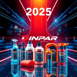 A futuristic cover for 2025 presenting the Dinpar brand's line of automotive chemicals and products