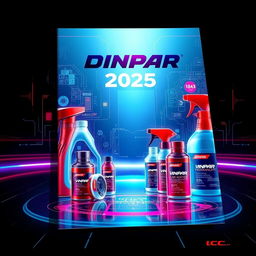 A futuristic cover for 2025 presenting the Dinpar brand's line of automotive chemicals and products