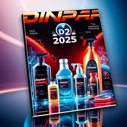 A futuristic cover for 2025 presenting the Dinpar brand's line of automotive chemicals and products