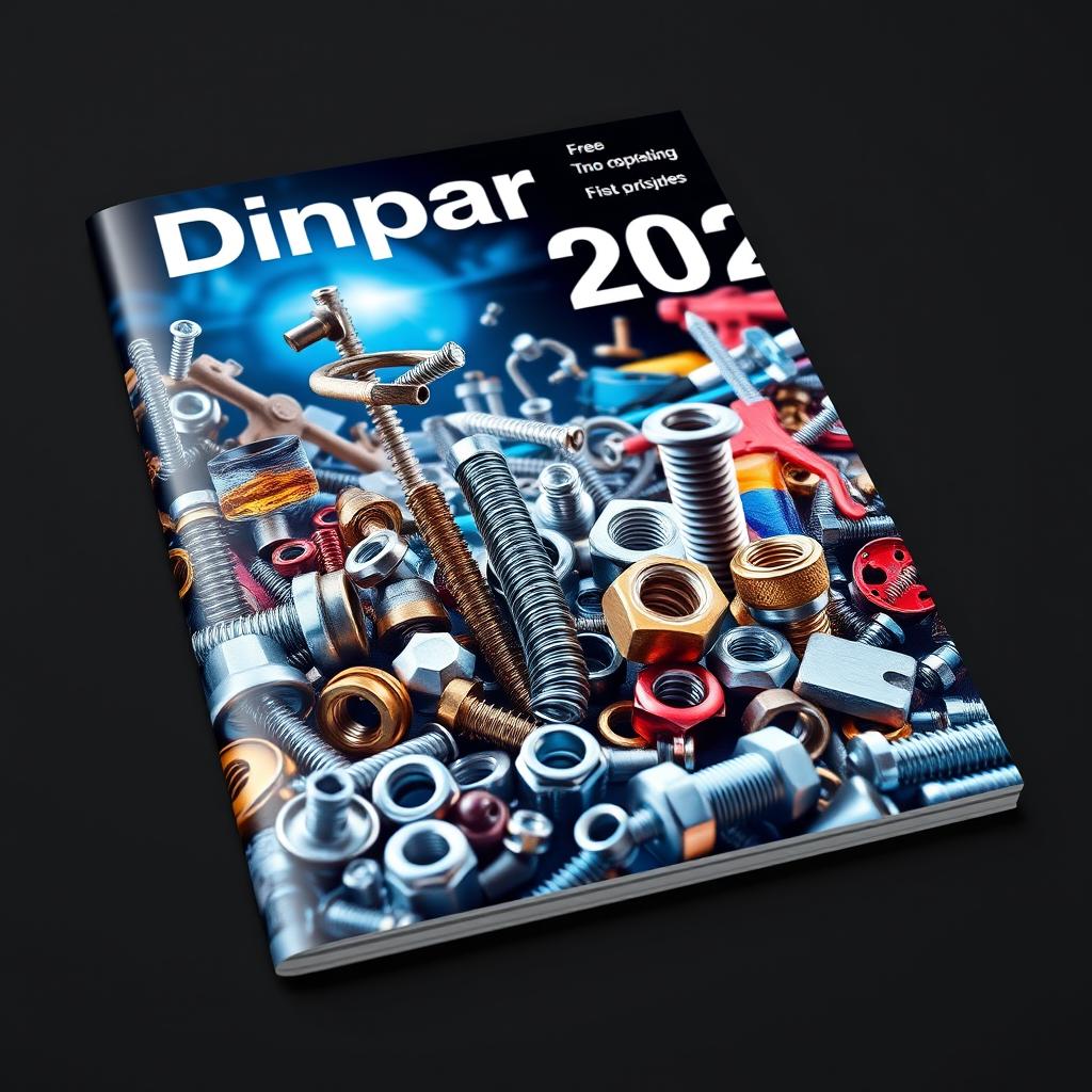 A futuristic cover for Dinpar featuring a collage of high-quality images: screws, nuts, and various fastening products arranged in an elegant manner