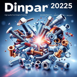 A futuristic cover for Dinpar featuring a collage of high-quality images: screws, nuts, and various fastening products arranged in an elegant manner