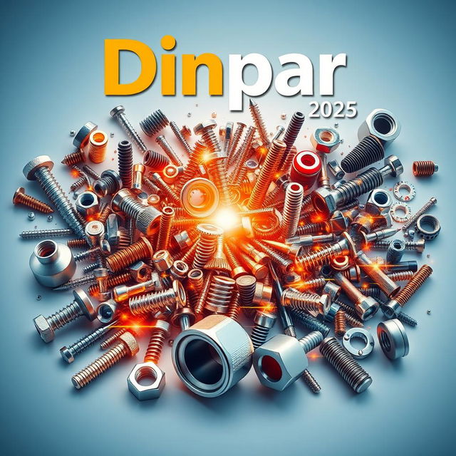 A futuristic cover for Dinpar featuring a collage of high-quality images: screws, nuts, and various fastening products arranged in an elegant manner