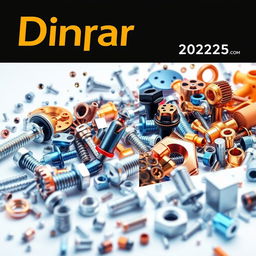 A futuristic cover for Dinpar featuring a collage of high-quality images: screws, nuts, and various fastening products arranged in an elegant manner