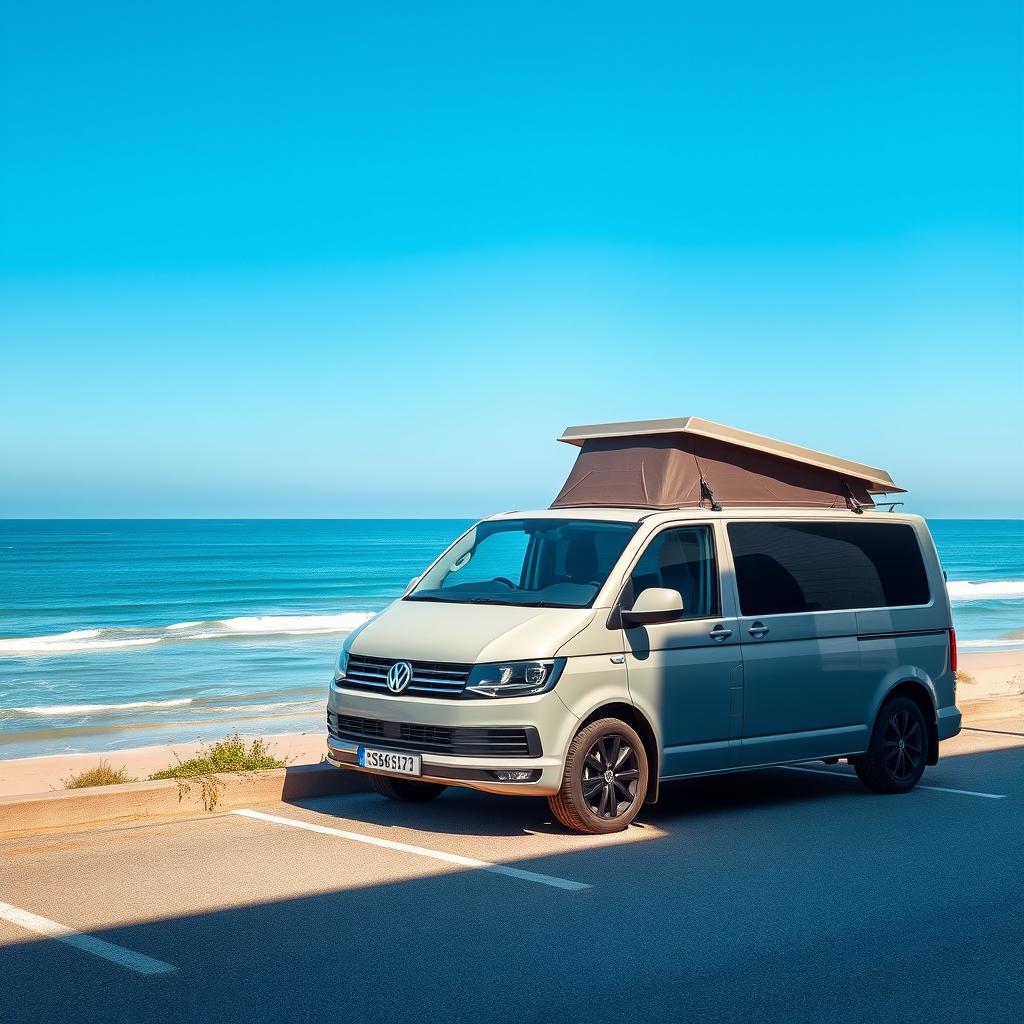 A Volkswagen T7 van parked by a scenic beachfront parking area, overlooking the vast and calming sea