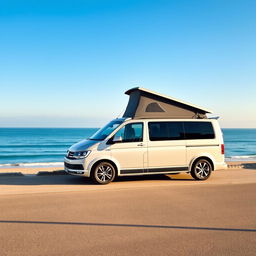 A Volkswagen T7 van parked by a scenic beachfront parking area, overlooking the vast and calming sea