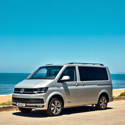 A Volkswagen T7 van parked by a scenic beachfront parking area, overlooking the vast and calming sea