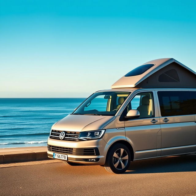 A Volkswagen T7 van parked by a scenic beachfront parking area, overlooking the vast and calming sea