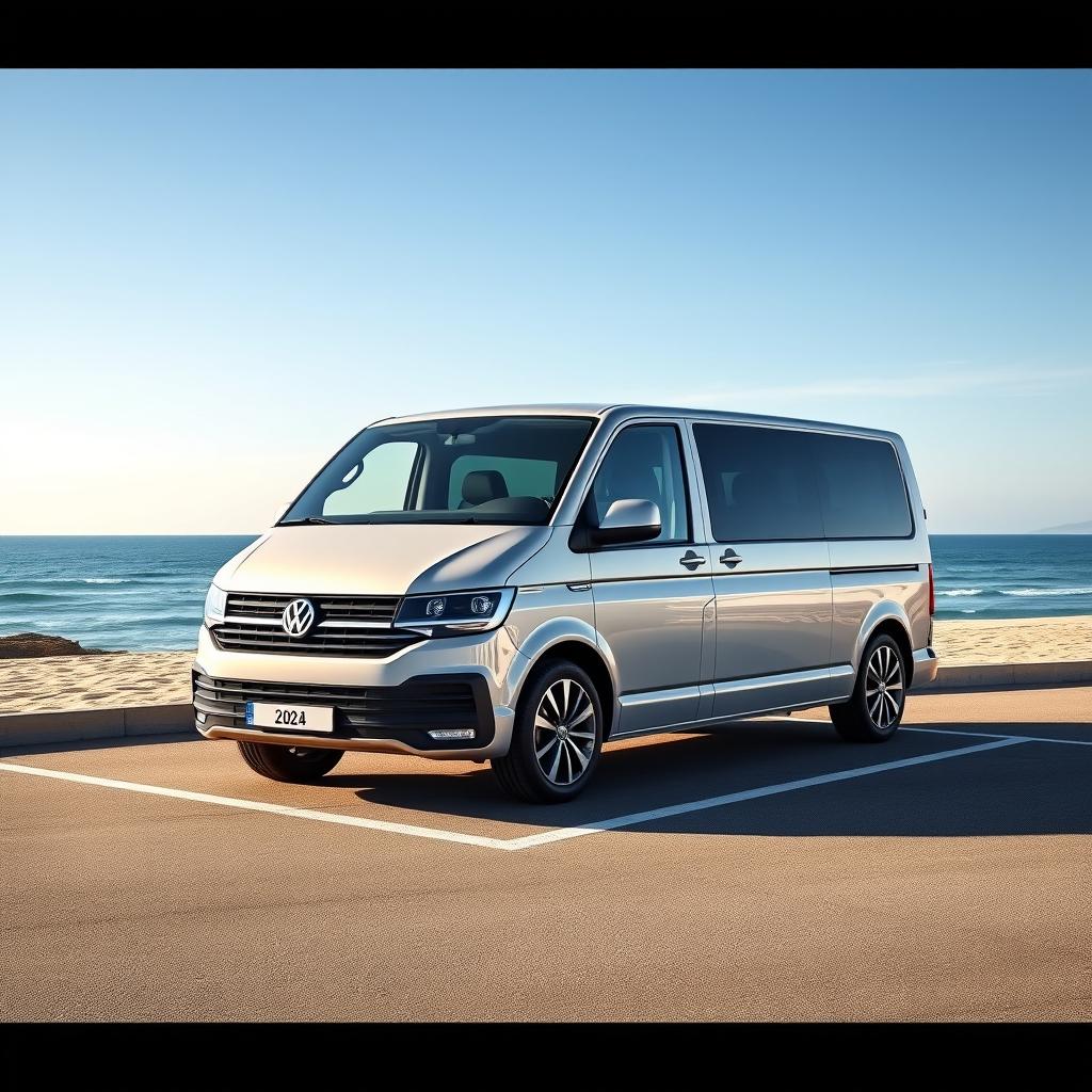 A 2024 Volkswagen T7 model parked in a beachfront parking area with a stunning sea view