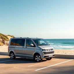 A 2024 Volkswagen T7 model parked in a beachfront parking area with a stunning sea view