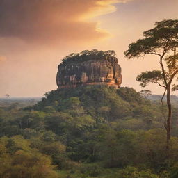 An impressive image of Sigiriya Rock against a radiant sunset backdrop. Trees and wildlife surround it, while a serene sky looms overhead.