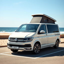 A 2024 Volkswagen T7 model parked in a beachfront parking area with a stunning sea view