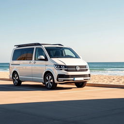 A 2024 Volkswagen T7 model parked in a beachfront parking area with a stunning sea view