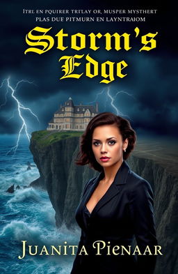 A captivating book cover for a modern murder mystery set at a hotel on a cliff during a stormy night