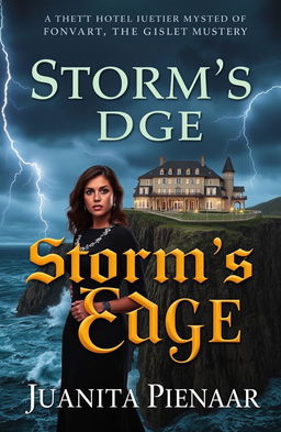 A captivating book cover for a modern murder mystery set at a hotel on a cliff during a stormy night