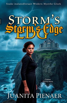 A captivating book cover for a modern murder mystery set at a hotel on a cliff during a stormy night