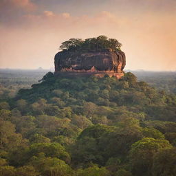 An impressive image of Sigiriya Rock against a radiant sunset backdrop. Trees and wildlife surround it, while a serene sky looms overhead.