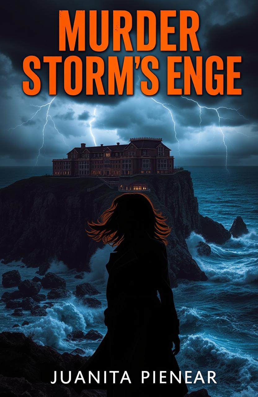 A captivating book cover for "Murder at Storm's Edge," a modern murder mystery novel by Juanita Pienaar