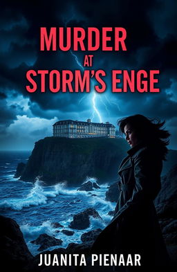 A captivating book cover for "Murder at Storm's Edge," a modern murder mystery novel by Juanita Pienaar