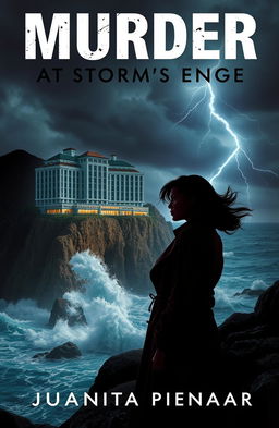 A captivating book cover for "Murder at Storm's Edge," a modern murder mystery novel by Juanita Pienaar