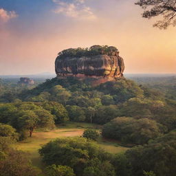 An impressive image of Sigiriya Rock against a radiant sunset backdrop. Trees and wildlife surround it, while a serene sky looms overhead.