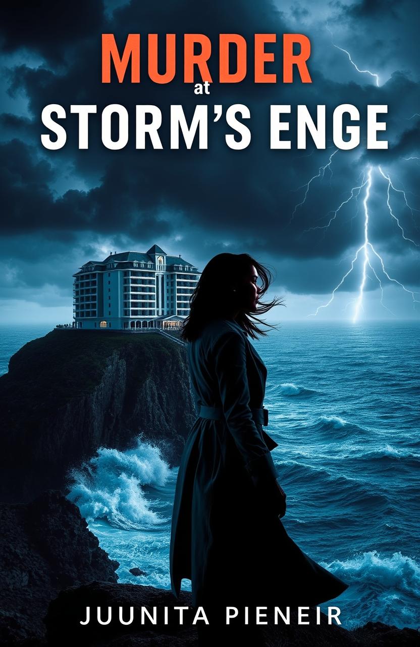 A captivating book cover for "Murder at Storm's Edge," a modern murder mystery novel by Juanita Pienaar