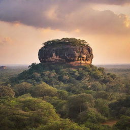 An impressive image of Sigiriya Rock against a radiant sunset backdrop. Trees and wildlife surround it, while a serene sky looms overhead.