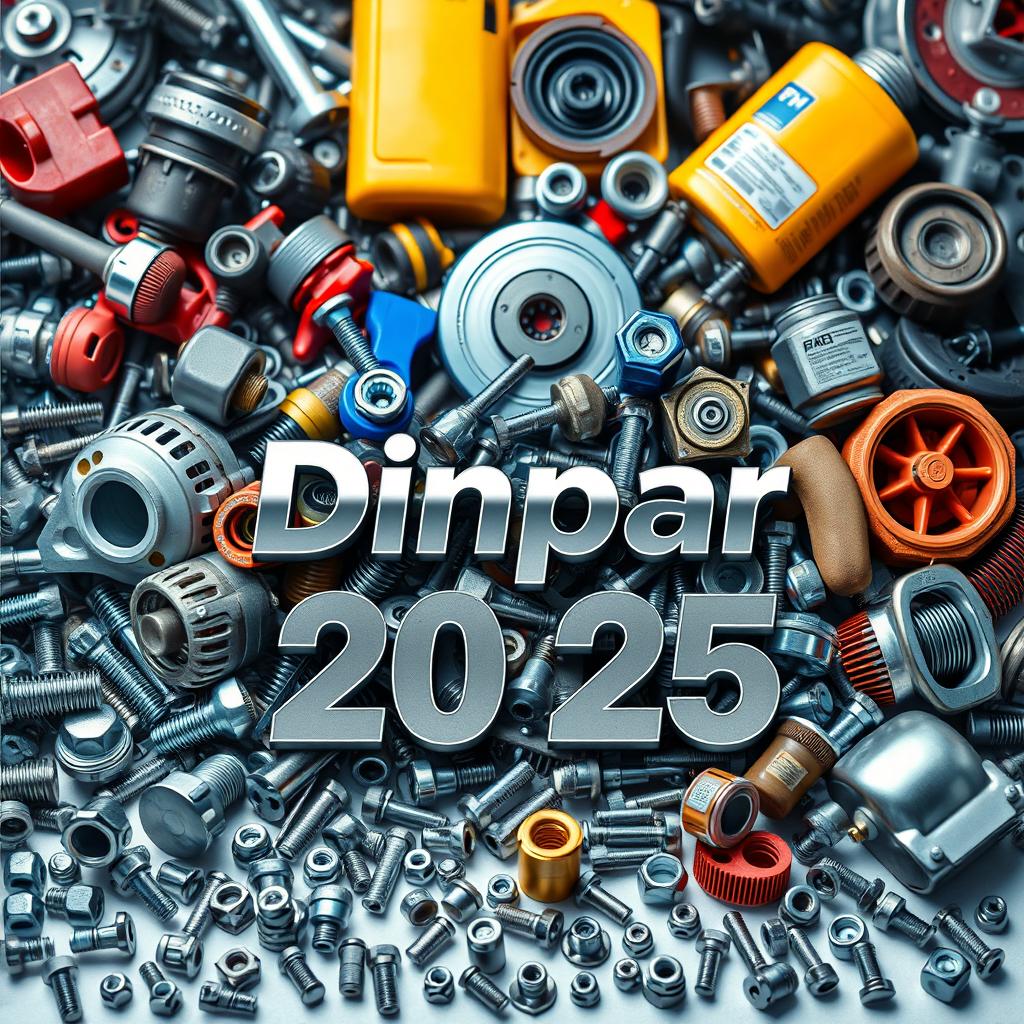 A dynamic and intricate composition showcasing various automotive parts and tools including bolts, nuts, and automotive chemicals