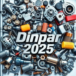 A dynamic and intricate composition showcasing various automotive parts and tools including bolts, nuts, and automotive chemicals