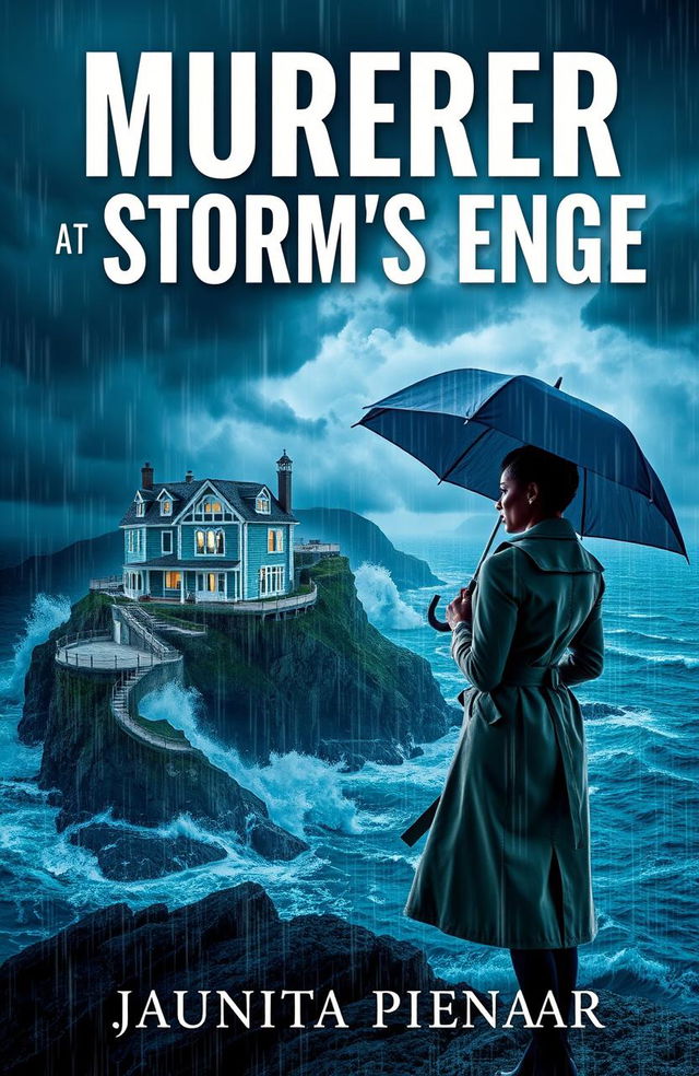 A suspenseful book cover for "Murder at Storm's Edge" by Juanita Pienaar, set in a modern murder mystery theme