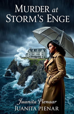 A suspenseful book cover for "Murder at Storm's Edge" by Juanita Pienaar, set in a modern murder mystery theme