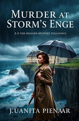 A suspenseful book cover for "Murder at Storm's Edge" by Juanita Pienaar, set in a modern murder mystery theme