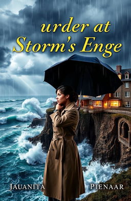 A suspenseful book cover for "Murder at Storm's Edge" by Juanita Pienaar, set in a modern murder mystery theme