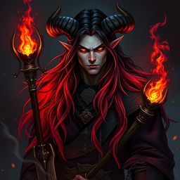 A very handsome sorcerer tiefling with long hair, half black and half red, that cascades elegantly