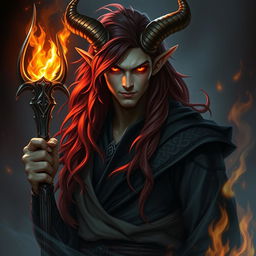 A very handsome sorcerer tiefling with long hair, half black and half red, that cascades elegantly