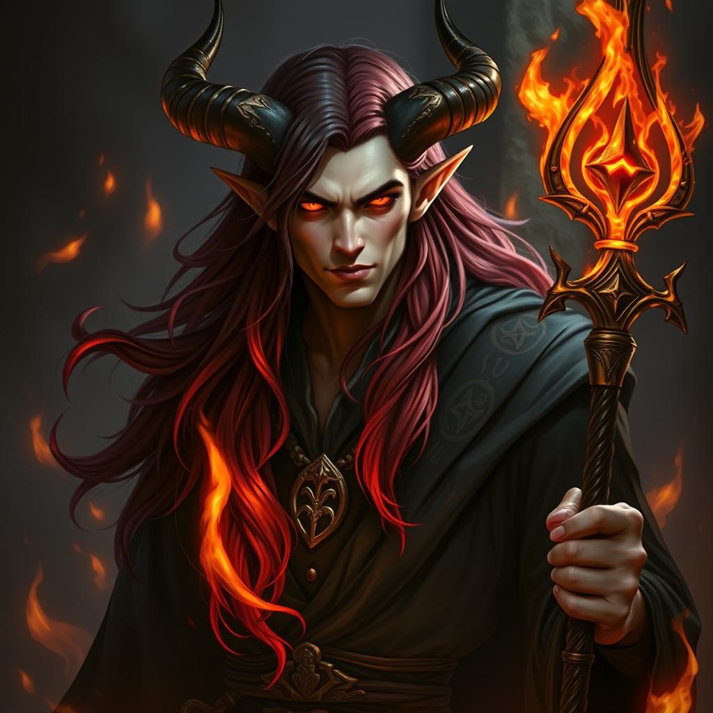 A very handsome sorcerer tiefling with long hair, half black and half red, that cascades elegantly