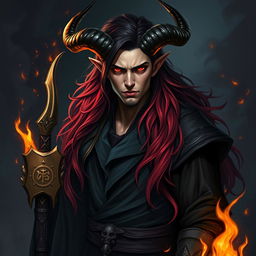 A very handsome sorcerer tiefling with long hair, half black and half red, that cascades elegantly