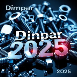 A futuristic and sleek catalog cover for "Dinpar 2025" showcasing a dynamic and eye-catching display of auto parts including bolts, screws, and nuts