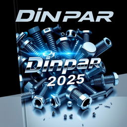 A futuristic and sleek catalog cover for "Dinpar 2025" showcasing a dynamic and eye-catching display of auto parts including bolts, screws, and nuts