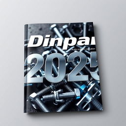 A futuristic and sleek catalog cover for "Dinpar 2025" showcasing a dynamic and eye-catching display of auto parts including bolts, screws, and nuts