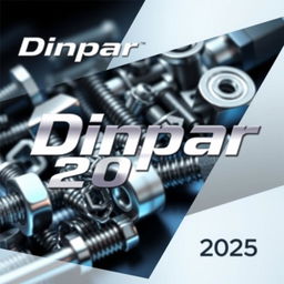 A futuristic and sleek catalog cover for "Dinpar 2025" showcasing a dynamic and eye-catching display of auto parts including bolts, screws, and nuts