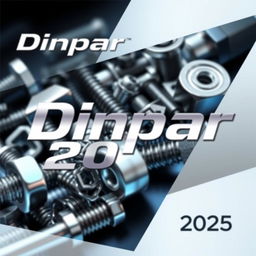 A futuristic and sleek catalog cover for "Dinpar 2025" showcasing a dynamic and eye-catching display of auto parts including bolts, screws, and nuts