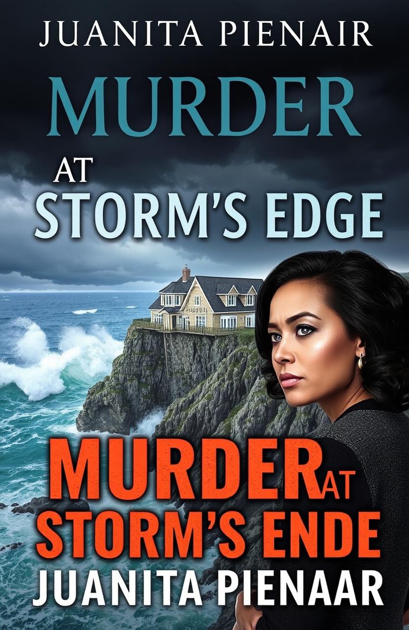 A captivating book cover for "Murder at Storm's Edge" by Juanita Pienaar