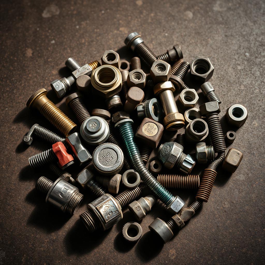 A collection of automotive parts, including bolts, nuts, and various auto components, artistically arranged on a textured surface