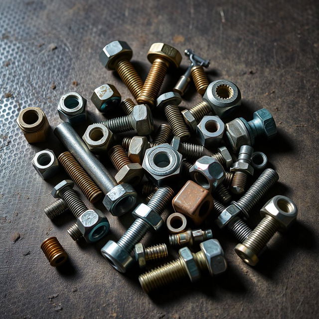 A collection of automotive parts, including bolts, nuts, and various auto components, artistically arranged on a textured surface