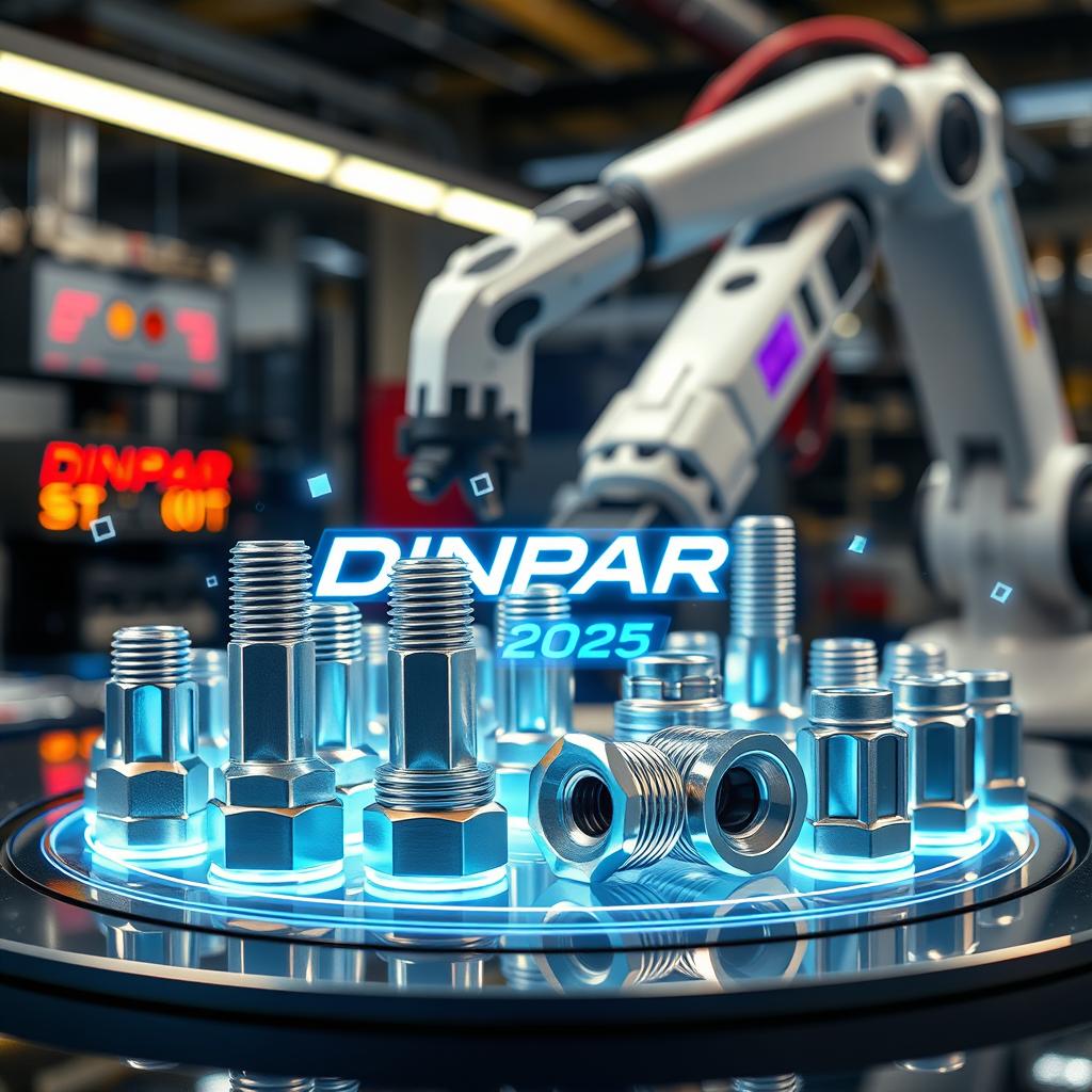 Futuristic automotive aftermarket scene featuring high-tech bolts and nuts labeled 'Dinpar 2025'