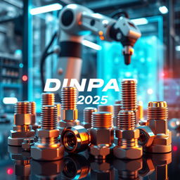 Futuristic automotive aftermarket scene featuring high-tech bolts and nuts labeled 'Dinpar 2025'