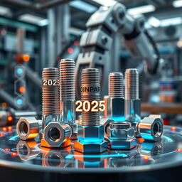 Futuristic automotive aftermarket scene featuring high-tech bolts and nuts labeled 'Dinpar 2025'