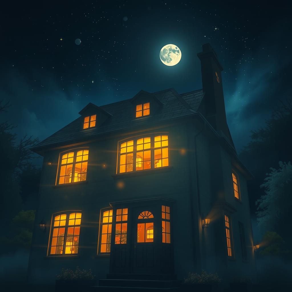 A magical nighttime scene of a building, with glowing lights illuminating from the windows, creating an enchanting atmosphere as if something wondrous is happening inside